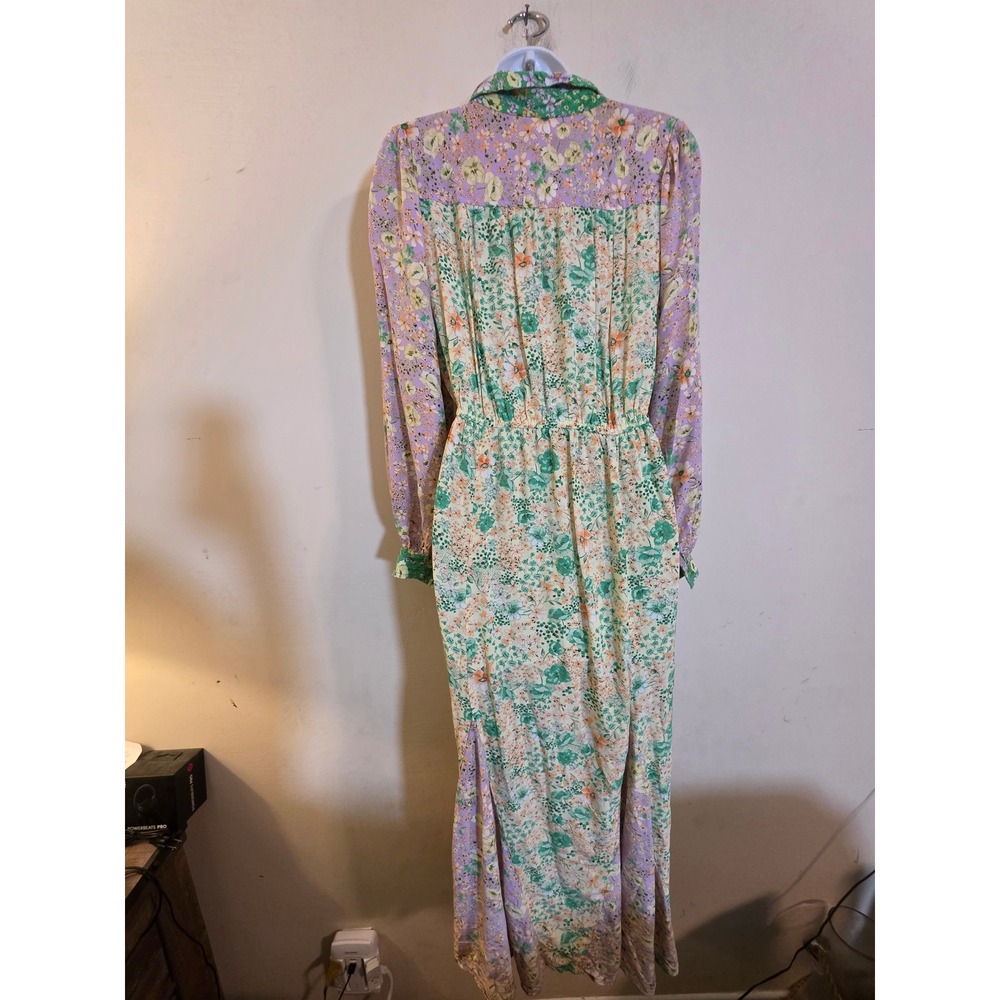 LOFT Mixed Floral Midi Shirt Dress Green Purple Viscose Long Sleeve XS SP24 - Picture 4 of 10